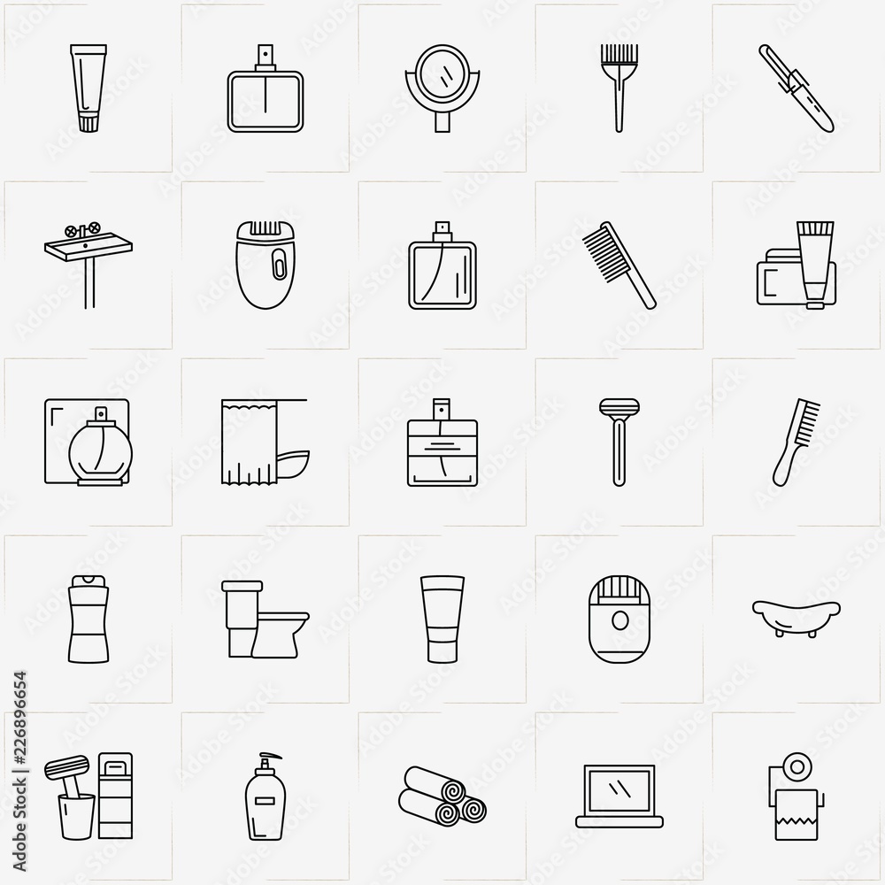 Bathroom line icon set with perfume, bath curtain and comb Bathroom line icon set with perfume, bath curtain and comb