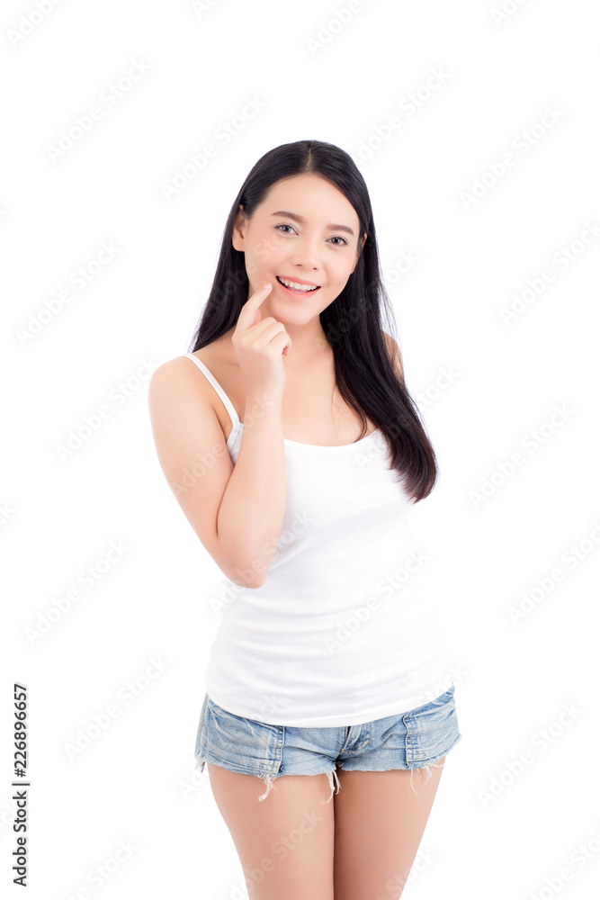 Portrait beautiful woman asian makeup of cosmetic, girl hand touch lips and mouth and smile attractive, face of beauty perfect with wellness isolated on white background with skin healthcare concept. Portrait beautiful woman asian makeup of cosmetic, girl hand touch lips and mouth and smile attractive, face of beauty perfect with wellness isolated on white background with skin healthcare concept.