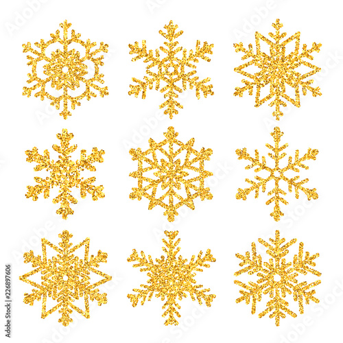 Sparkling golden snowflake set with glitter texture for Christmas isolated on white background. New Year greeting card elements. Vector illustration.
