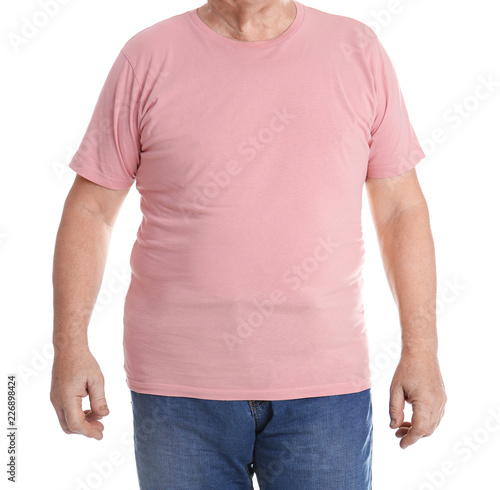 Fat senior man on white background, closeup. Weight loss