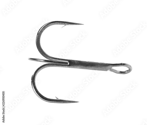 Metal hook on white background. Fishing accessory