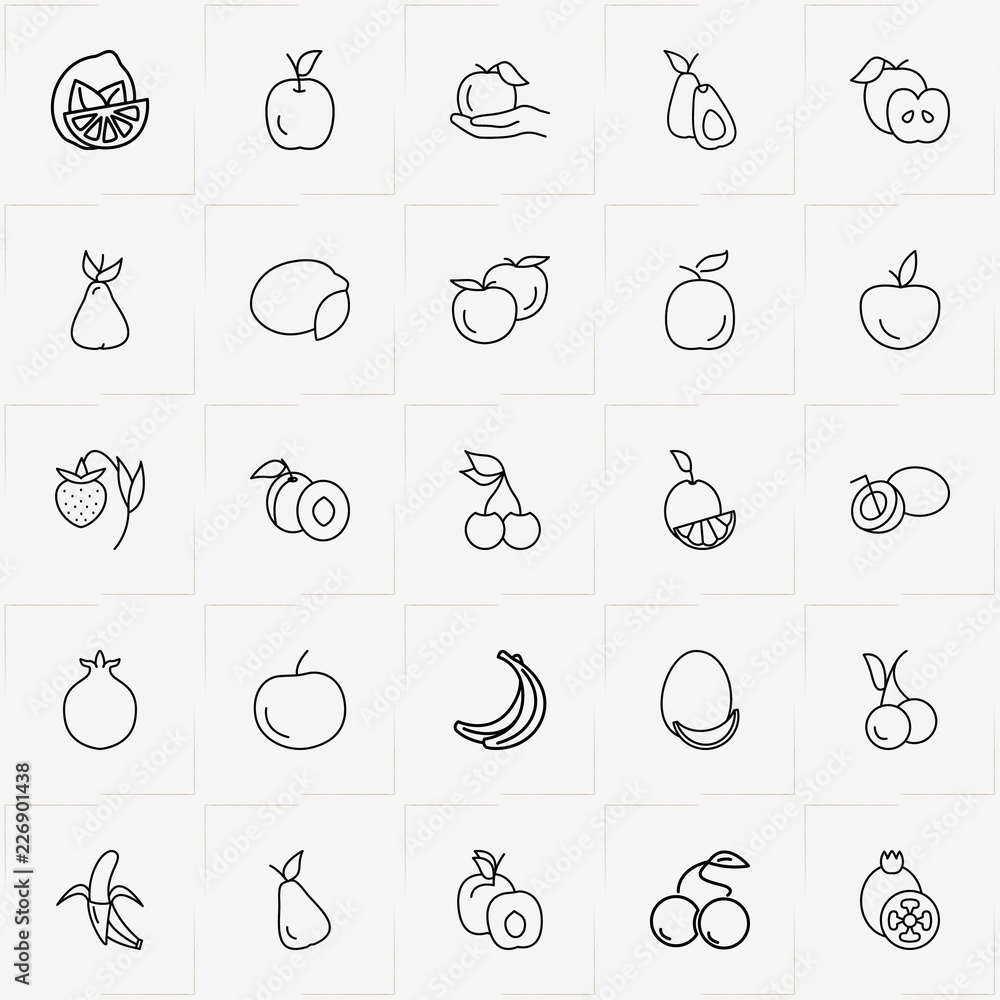 Berries And Fruits line icon set with pear, banana and peach Berries And Fruits line icon set with pear, banana and peach