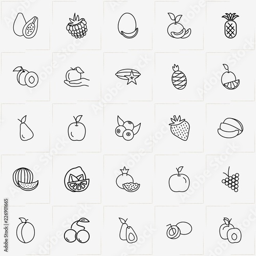 Berries And Fruits line icon set with peach  coconut and pineapple