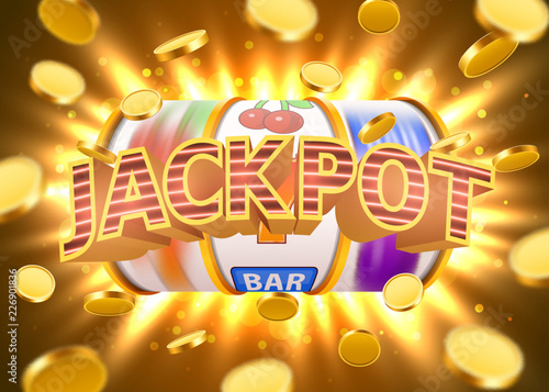 Golden slot machine with flying golden coins wins the jackpot. Big win concept. Vector illustration