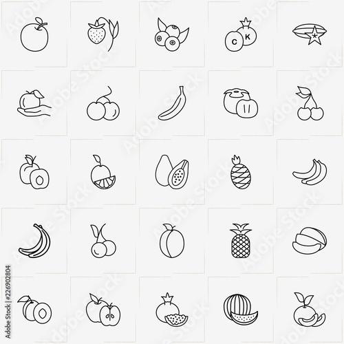 Berries And Fruits line icon set with lemon  banana and melon