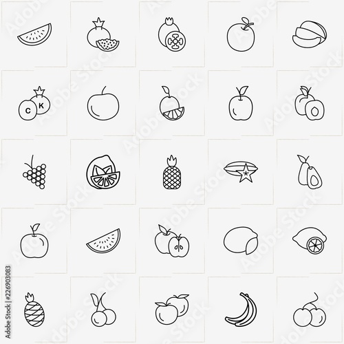 Berries And Fruits line icon set with melon  lemon and peach