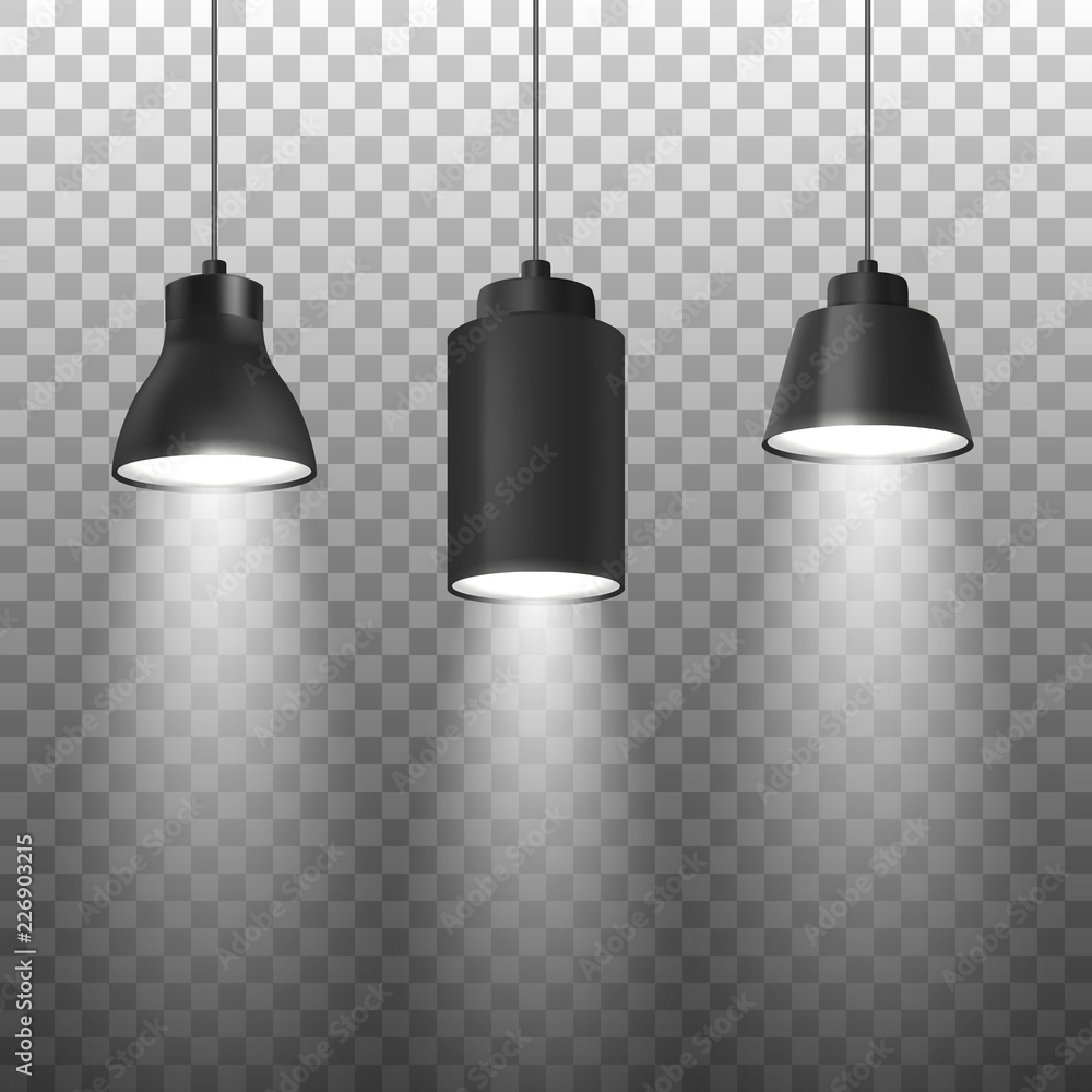 Vector Realistic 3d Black Spotlights or Hang Ceiling Lamp Set on Rope  Closeup Isolated on Transparent Background. Design Template of Glowing  Spots Lamps with light Stock Vector | Adobe Stock