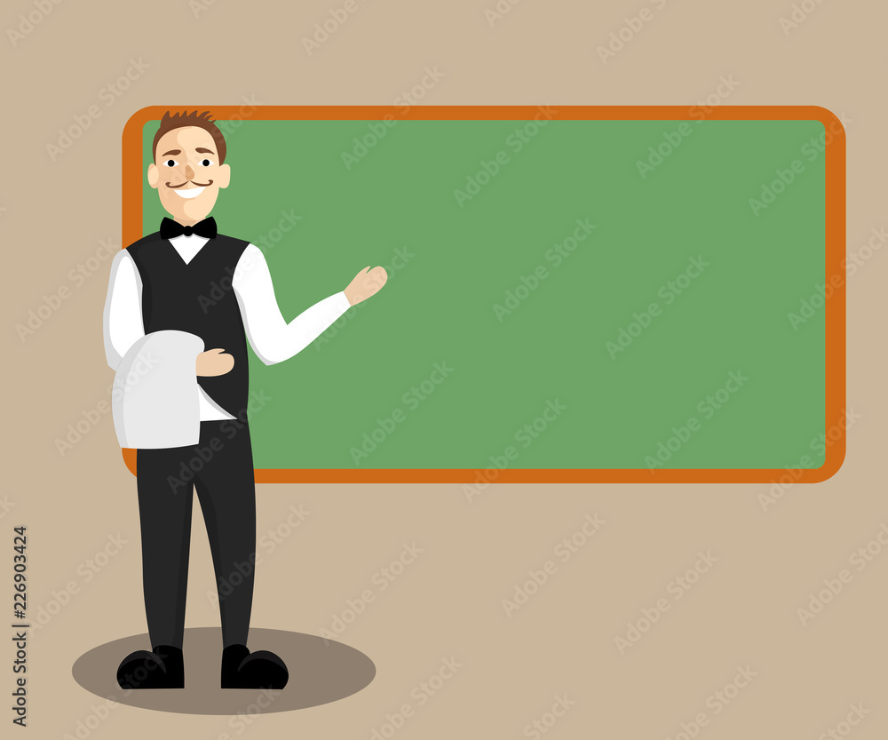 Flat design business Vector Illustration Empty copy space for Ad website promotion esp isolated Banner template. Male Waiter Smiling Standing in Uniform Hand Presenting Blank Menu Board Flat design business Vector Illustration Empty copy space for Ad website promotion esp isolated Banner template. Male Waiter Smiling Standing in Uniform Hand Presenting Blank Menu Board