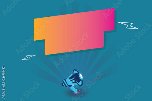 Flat design Vector Illustration Empty esp template copy text for Ad, promotion, poster, flyer, web banner, article. Megaphone Lightning Burst and Blank Rectangular Geometric form with shadow