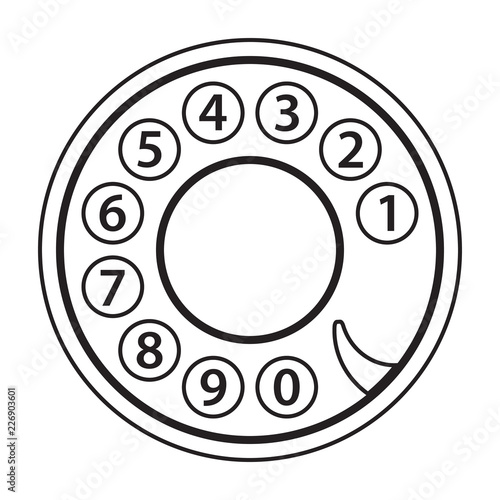 Rotary phone dial, old telephone numbers, abstract disk, retro vintage phone disc, outlined black isolated on white background, vector illustration.