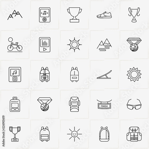 Bicycle Sport line icon set with finish sign, trophy and springboard