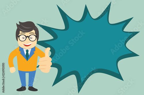 Flat design business Vector Illustration concept Empty copy space modern abstract background Geometric element. Man in Suit Standing Making Thumbs Up and Blank Explosion Speech Bubble