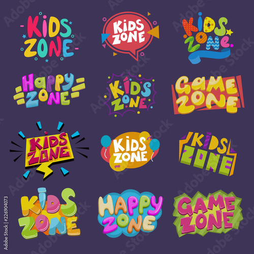 Game room vector kids playroom banner in cartoon style for children happy play zone decoration illustration set of childish lettering label for kindergarten decor isolated on background