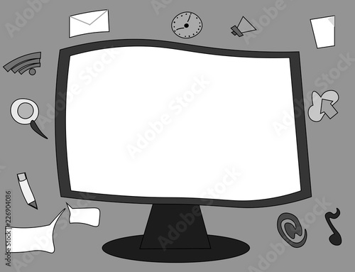 Flat design Vector Illustration Empty esp template copy text for Ad, promotion, poster, flyer, web banner, article. Web Application Software icons Surrounding Blank Mounted Computer Monitor