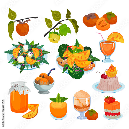 Persimmon vector fresh fruity food salad dessert ice cram jam and sweet fruit of persimmon-tree illustration set of vegetarian nutrition diet fresh juice isolated on white background