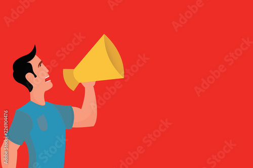 Flat design business Vector Illustration Empty copy space for Ad website promotion esp isolated Banner template. Man in Shirt Standing Talking Holding a Megaphone Male Calling Out onto