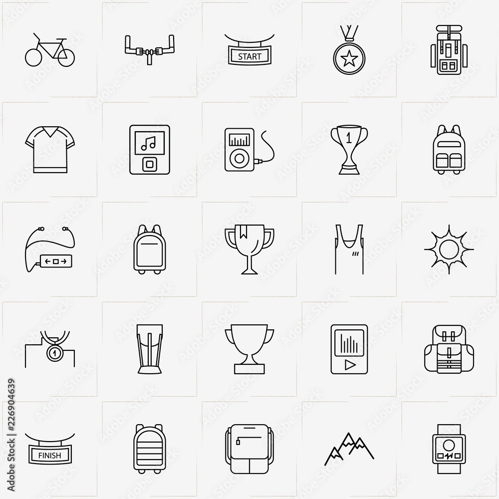 Bicycle Sport line icon set with electronic watch, finish sign and start sign Bicycle Sport line icon set with electronic watch, finish sign and start sign