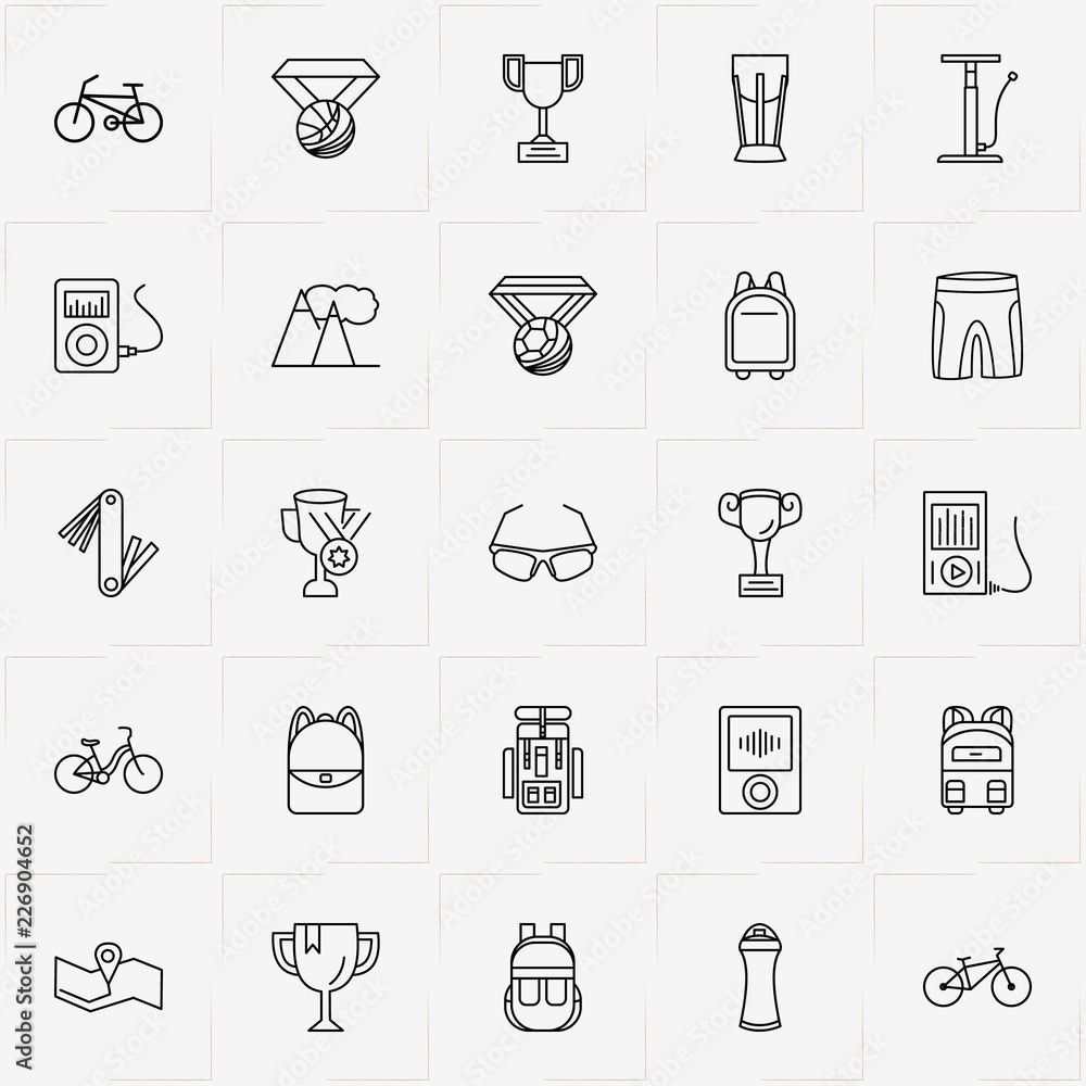 Naklejka premium Bicycle Sport line icon set with sport water bottle, trophy and map location