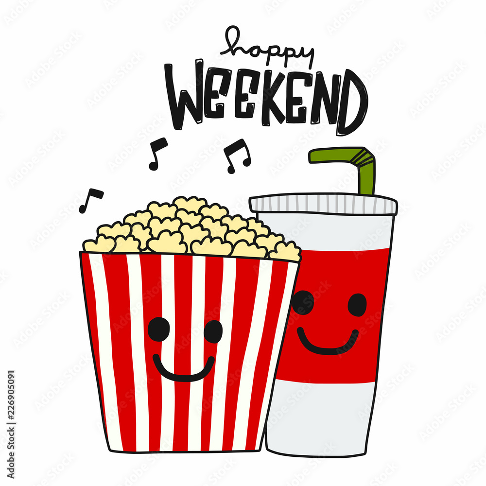 Popcorn and soda happy weekend cartoon vector illustration doodle style  Stock Vector | Adobe Stock
