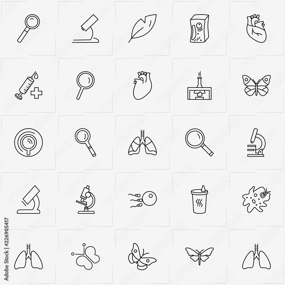 Biology line icon set with magnifier, butterfly and heart organ Biology line icon set with magnifier, butterfly and heart organ