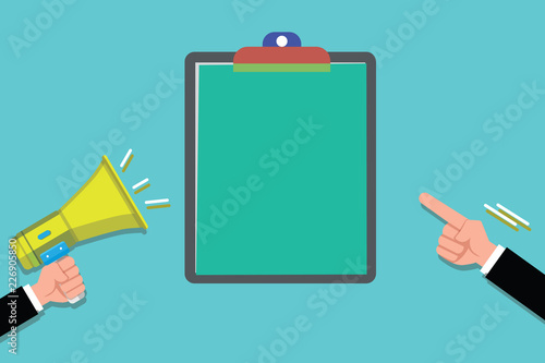 Flat design business Vector Illustration concept template copy space text for Ad website esp isolated 3d isometric. Two Human Hands Holding Megaphone another Pointing to a Blank Clipboard