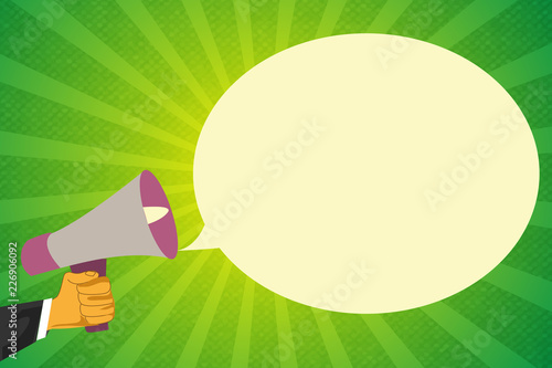 Flat design business Vector Illustration Empty template esp isolated Minimalist graphic layout template for advertising. Human Hand Holding Megaphone and Blank Oval Speech Bubble over Sunburst