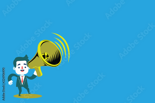 Flat design Vector Illustration Empty esp template copy text for Ad, promotion, poster, flyer, web banner, article. Man in Suit Earpad Standing Moving Holding a Megaphone with Sound icon