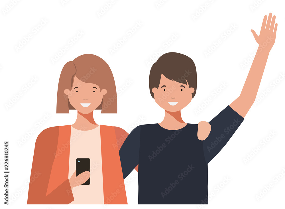 couple with hands up and smartphone avatar character couple with hands up and smartphone avatar character