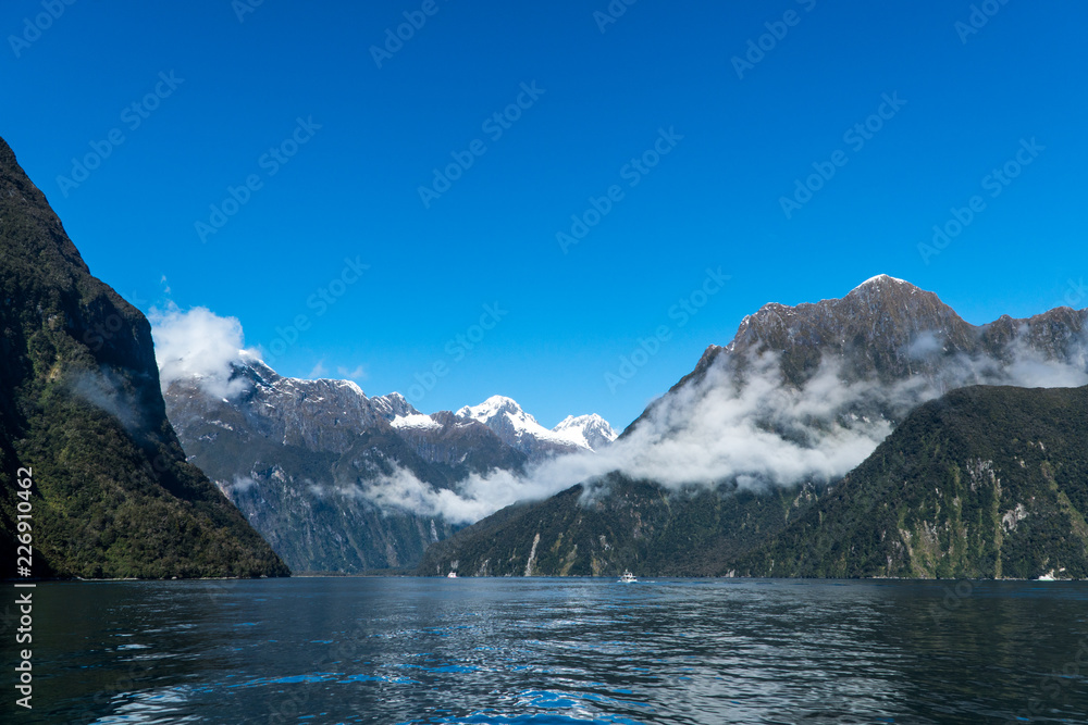 Plakat View of Milford Sound and cruise ship aboard Ship