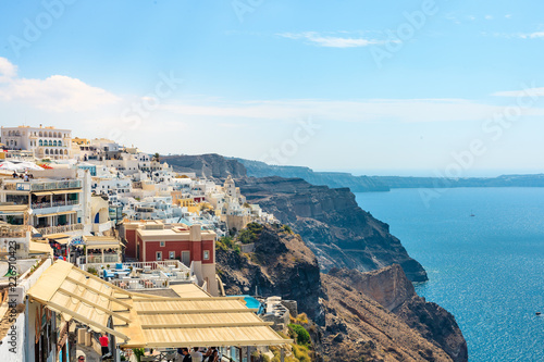 The capital city of Santorini in Greece, blue and shite Fira traditional village