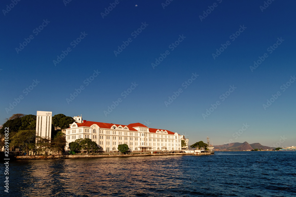 Admiral Motta building during sunset in the port area of Rio de Janeiro, Brazil