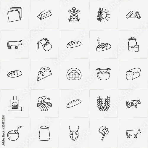Bread & Milk line icon set with udder, bread oven  and butter on bread