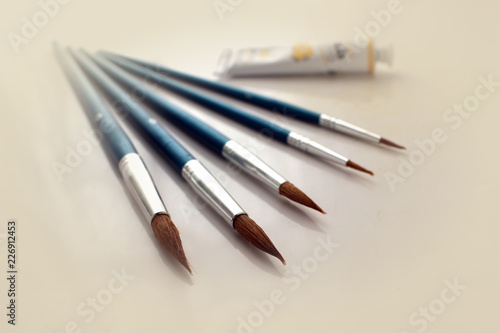 brush for painting, group of objects on a light background. close-up