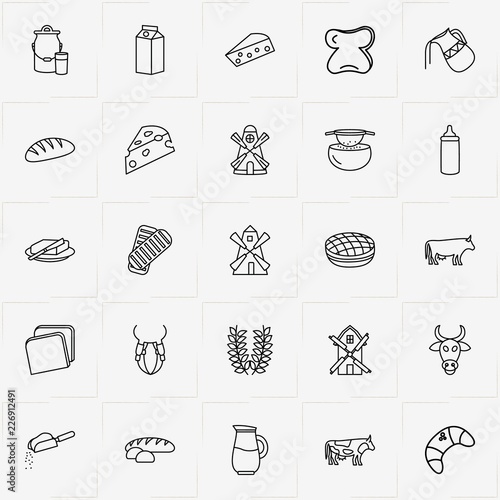 Bread & Milk line icon set with bun, udder and jug