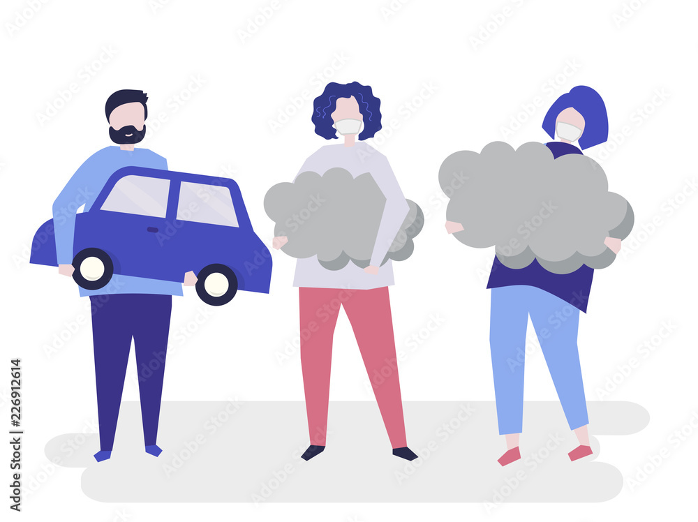 Character of people holding air pollution symbols illustration Character of people holding air pollution symbols illustration