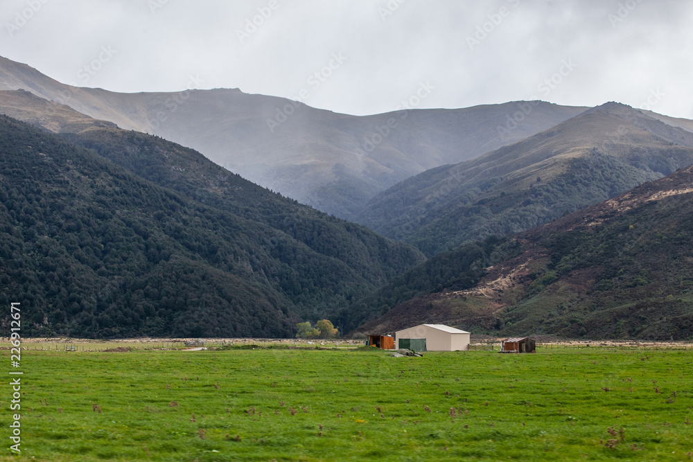 hut and hill in New Zealand