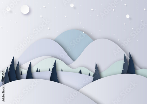 Winter season landscape with snow,pine forest and mountains for merry christmas and happy new year background paper art style.Vector illustration.