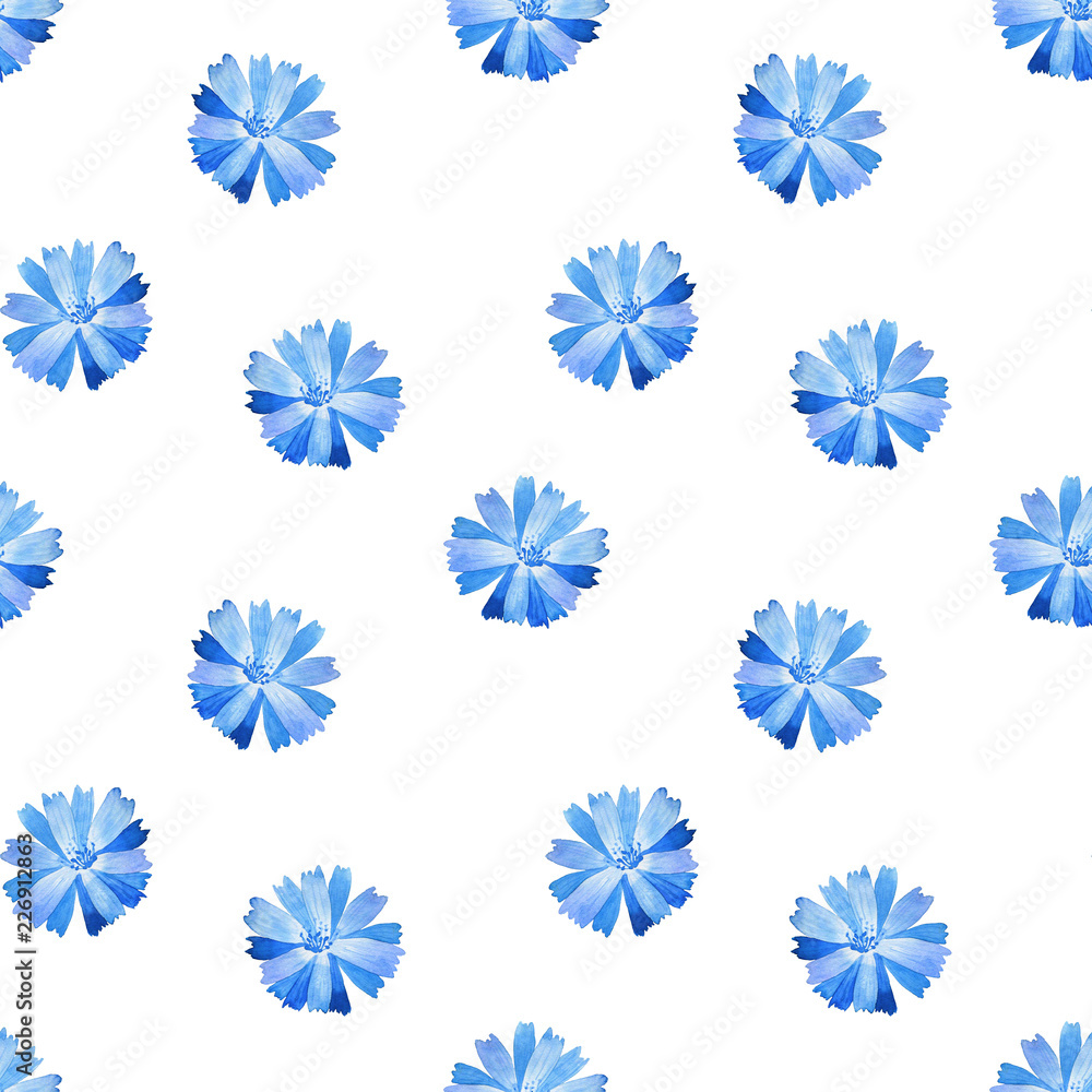 Seamless pattern with blue cornflower on white background. Watercolor hand drawn illustration. Texture for print, fabric, textile, wallpaper.