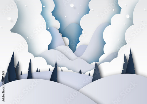 Winter season landscape with snow,clouds,pine forest and mountains for merry christmas and happy new year background paper art style.Vector illustration.