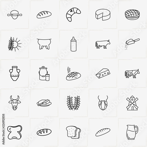 Bread & Milk line icon set with cow, child milk bottle  and bread