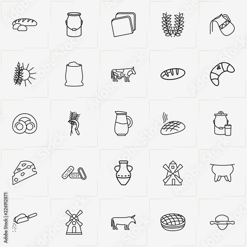 Bread & Milk line icon set with bun, cheese and mill