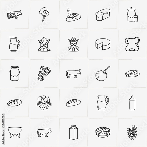 Bread & Milk line icon set with child milk bottle , bun and butter on bread