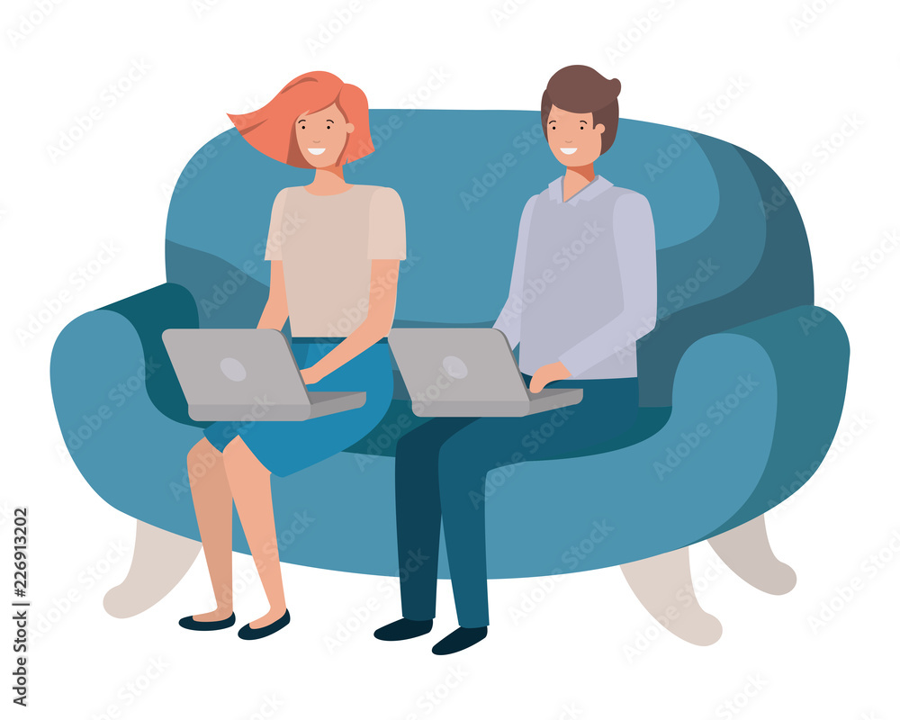 young couple using laptop in the sofa avatar character young couple using laptop in the sofa avatar character