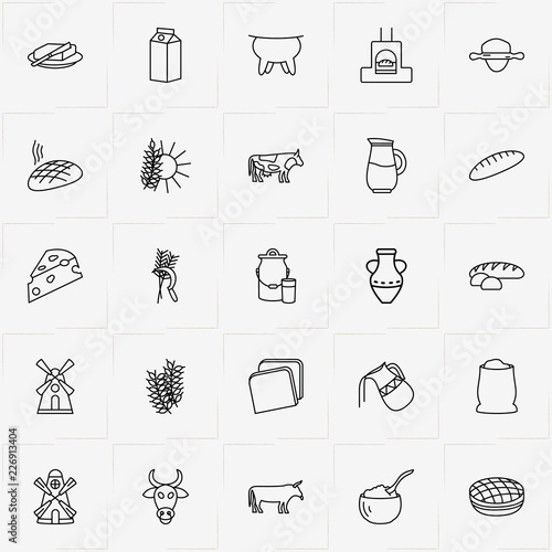 Bread & Milk line icon set with spica, bread and milk can