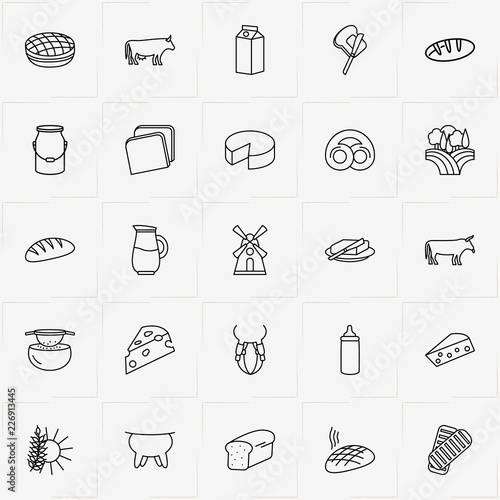 Bread & Milk line icon set with sift flour, bread roll  and milk