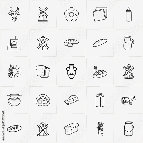 Bread & Milk line icon set with milk, cheese and milk can