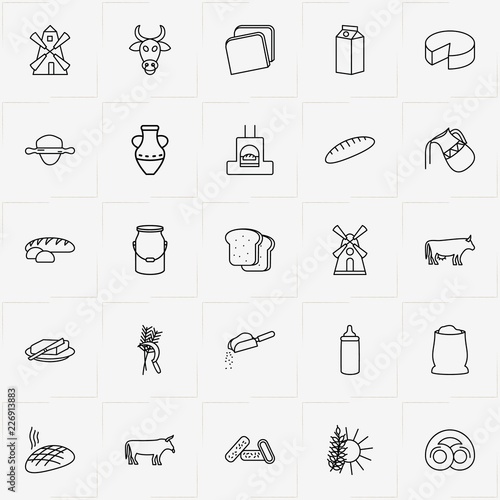 Bread & Milk line icon set with cheese, bread slices and roll out dough