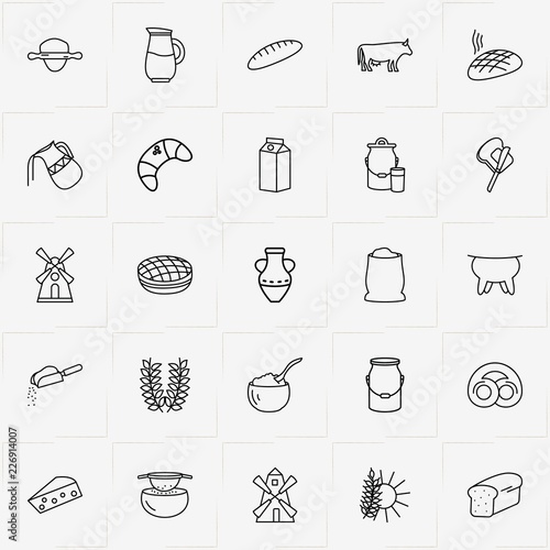 Bread & Milk line icon set with butter on bread, spica and milk