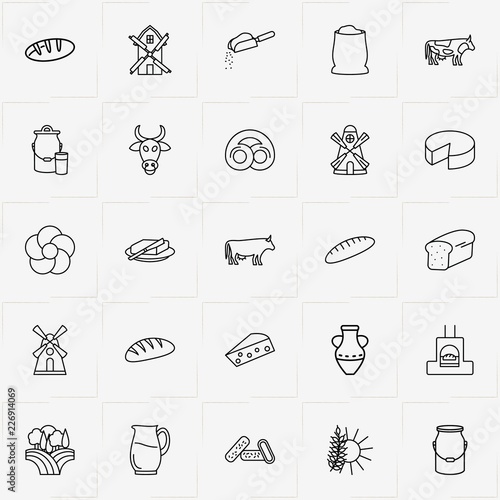 Bread & Milk line icon set with mill, fields of hay  and bread roll