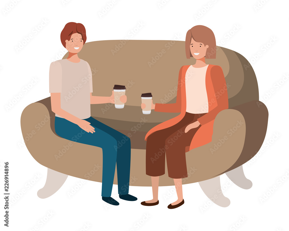 couple in sofa drinking coffee avatar character couple in sofa drinking coffee avatar character